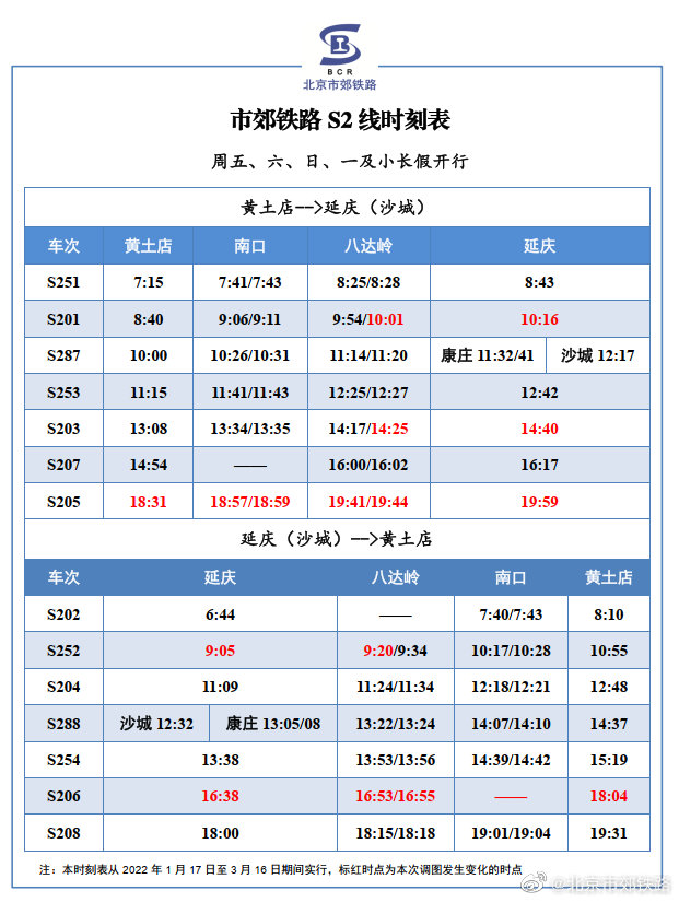 2022年1月17日至3月16日北京市郊铁路运输调整