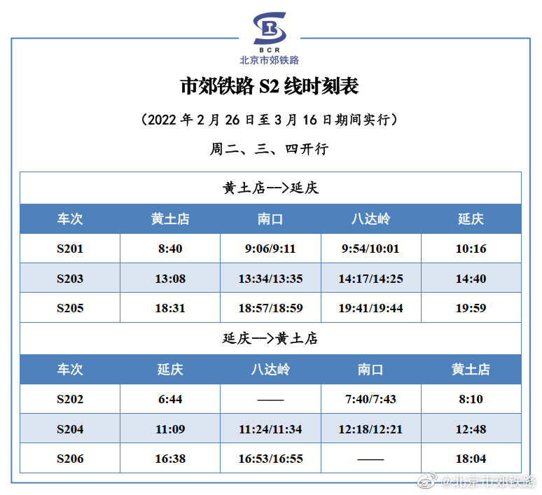 2月26日至3月16日S2线调整开行方案