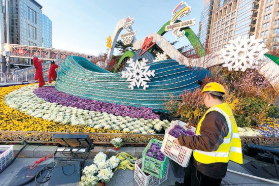 为冬残奥会进行景观布置14万株“超级鲜花”摆上街头