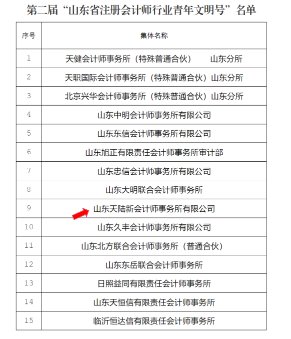 山东天陆新会计师事务所有限公司 荣获第二届“山东省注册会计师行业青年文明号”荣誉