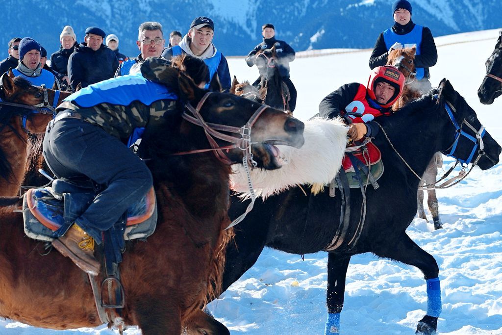 1月29日，在乌鲁木齐县甘沟乡白杨沟村乌拉斯台景区，当地牧民正在进行“冬韵飞扬·赛马刁羊嘉年华”刁羊比赛。